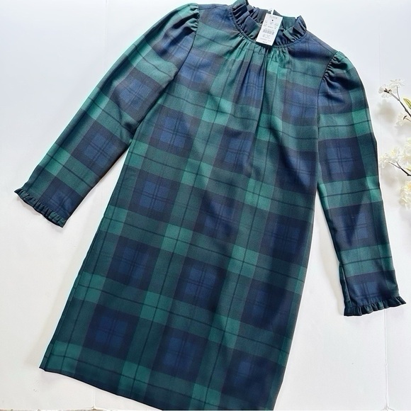 J. Crew Dresses & Skirts - J.Crew Factory Ruffleneck Shift in Black Watch Plaid Long Sleeve Short Dress